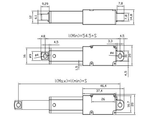 24V DC Miniature Linear Actuator 18KG IP54 0.4" ~ 12" Customizable